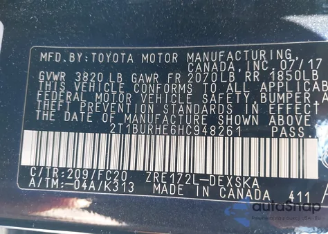 2017 Toyota Corolla L/Le/Xle/Se/Xse from USA, damaged, VIN 2T1BURHE6HC948261